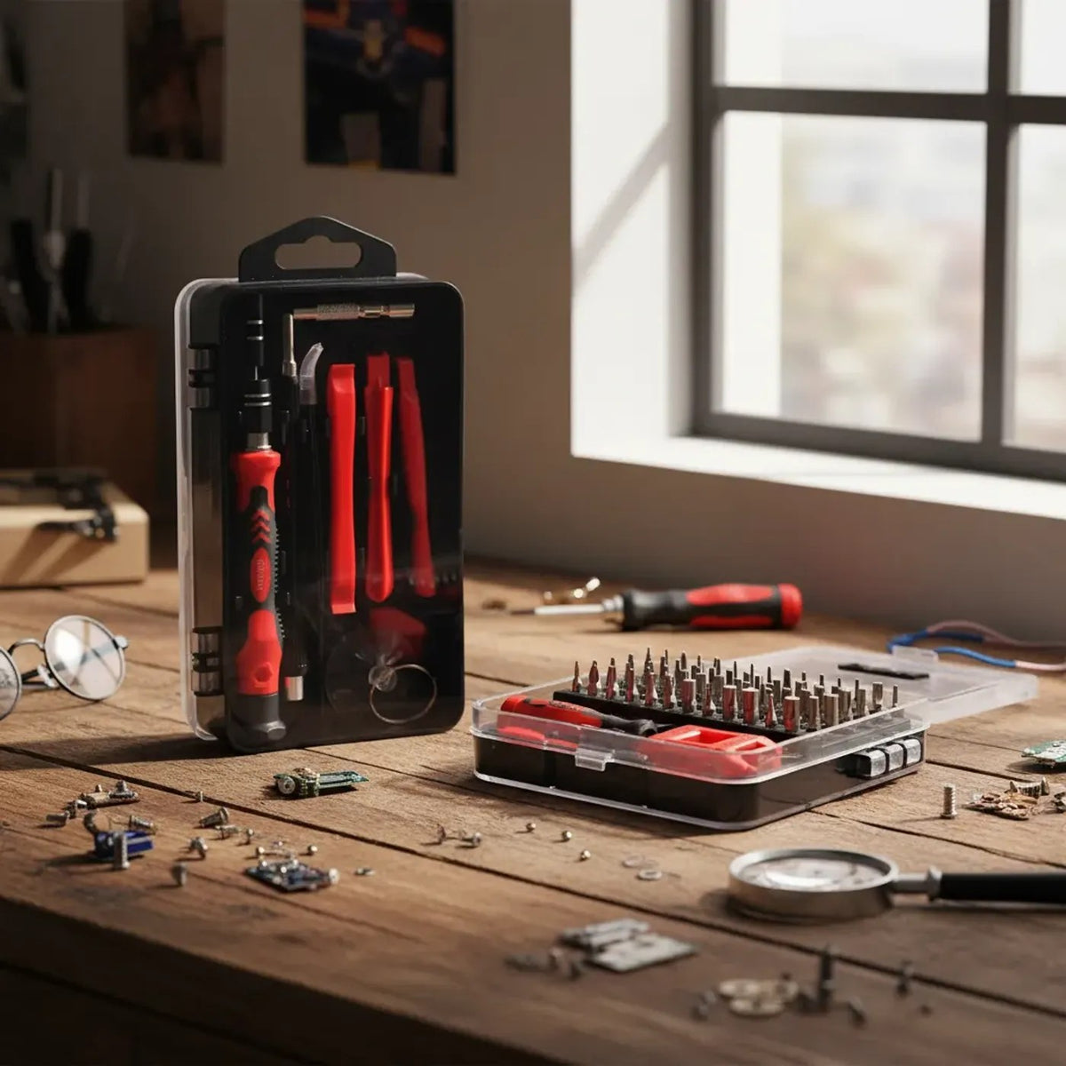 Kit de herramientas de precisión sobre mesa de trabajo