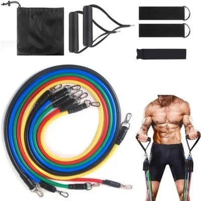 Kit de bandas de resistencia 11 piezas completo: 5 bandas, mangos, tobilleras, ancla y bolsa