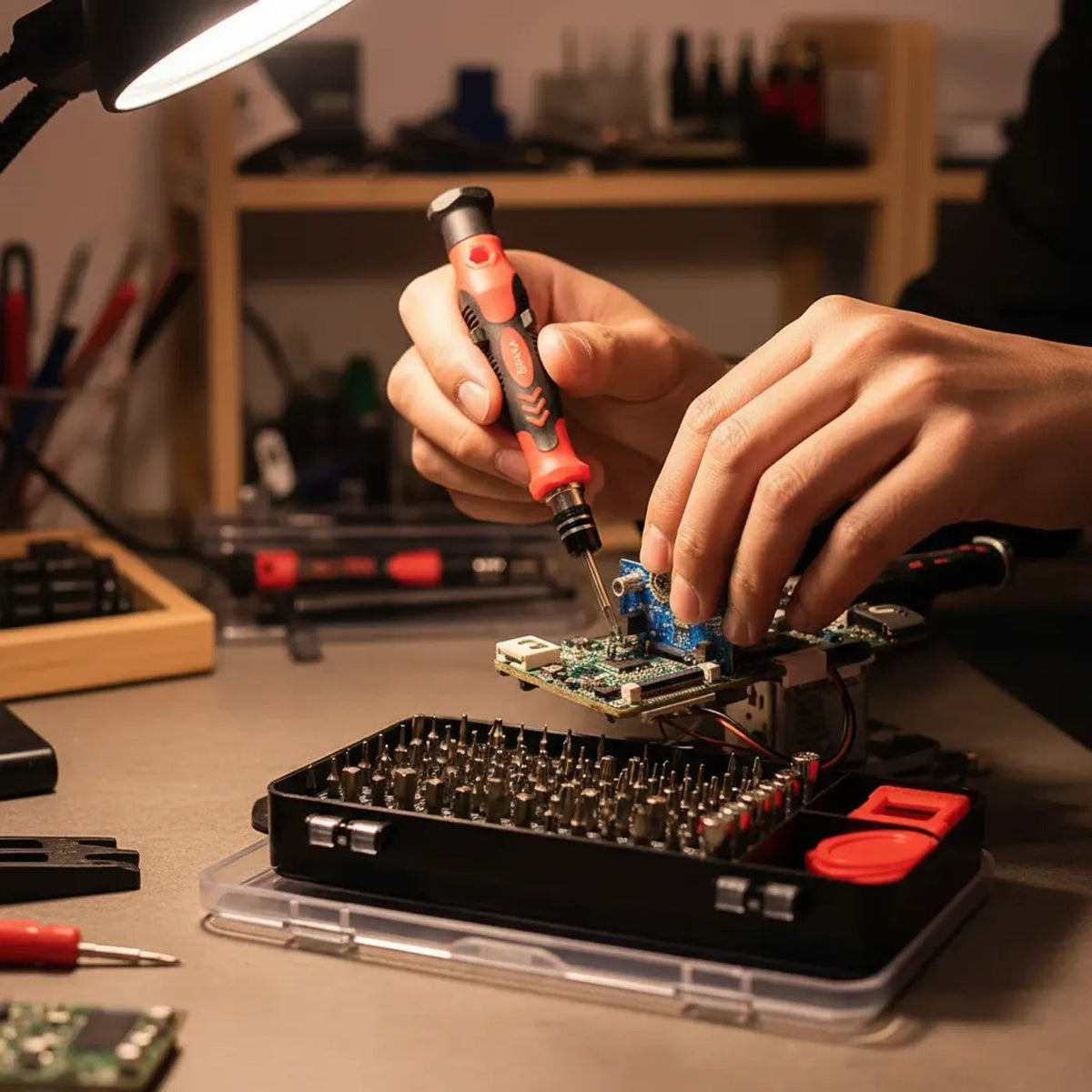 Kit de precisión reparando una tarjeta electrónica